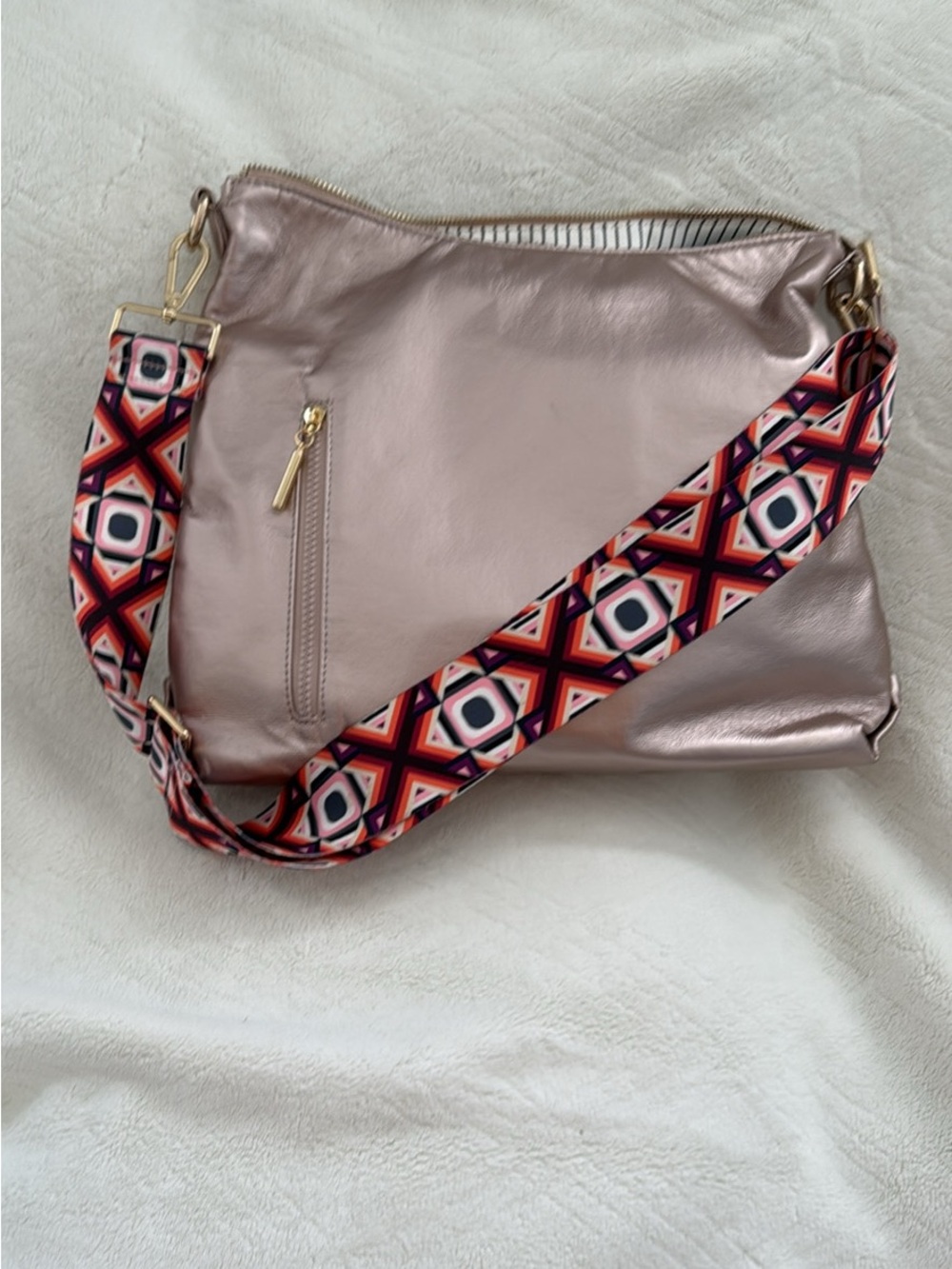 Metallic Rose Shoulder Bag with Patterned Strap